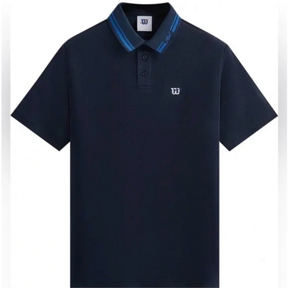 KITH x WILSON  Men's Navy Polo with Blue Striped Collar SIZE LARGE GOOD COND.